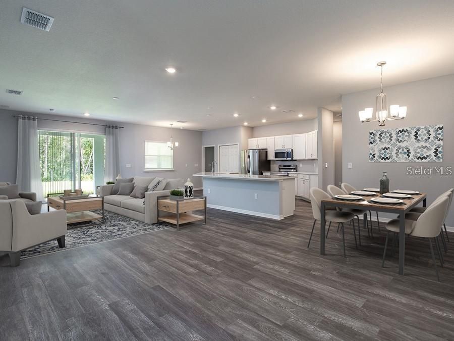 Dining room, Interior, Kitchen, Living room, Pendant Lights, Recessed Lighting, Stainless Steel Appliances, Wood Texture Flooring