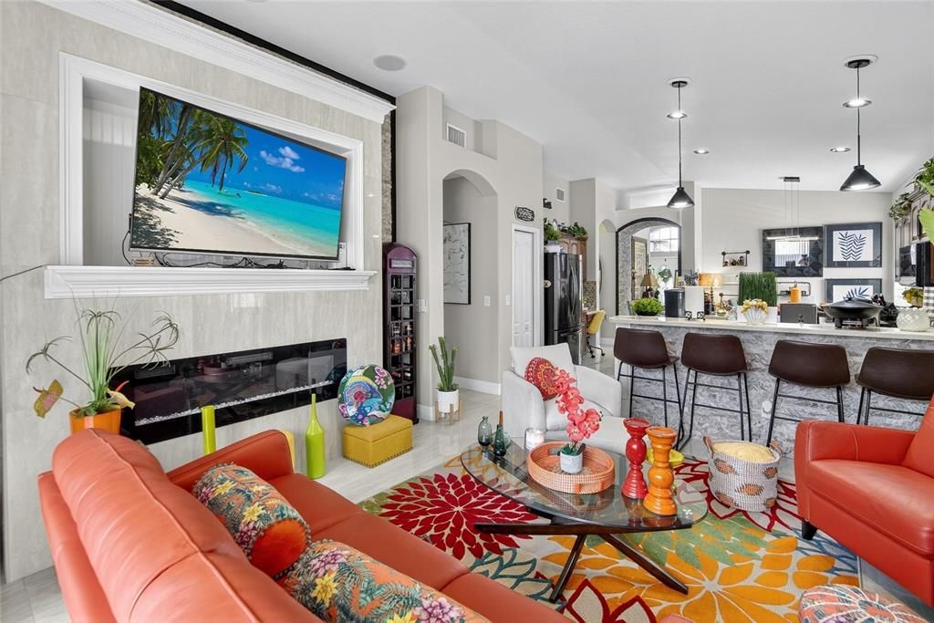 Fireplace, Interior, Kitchen, Living room, Pendant Lights, Recessed Lighting