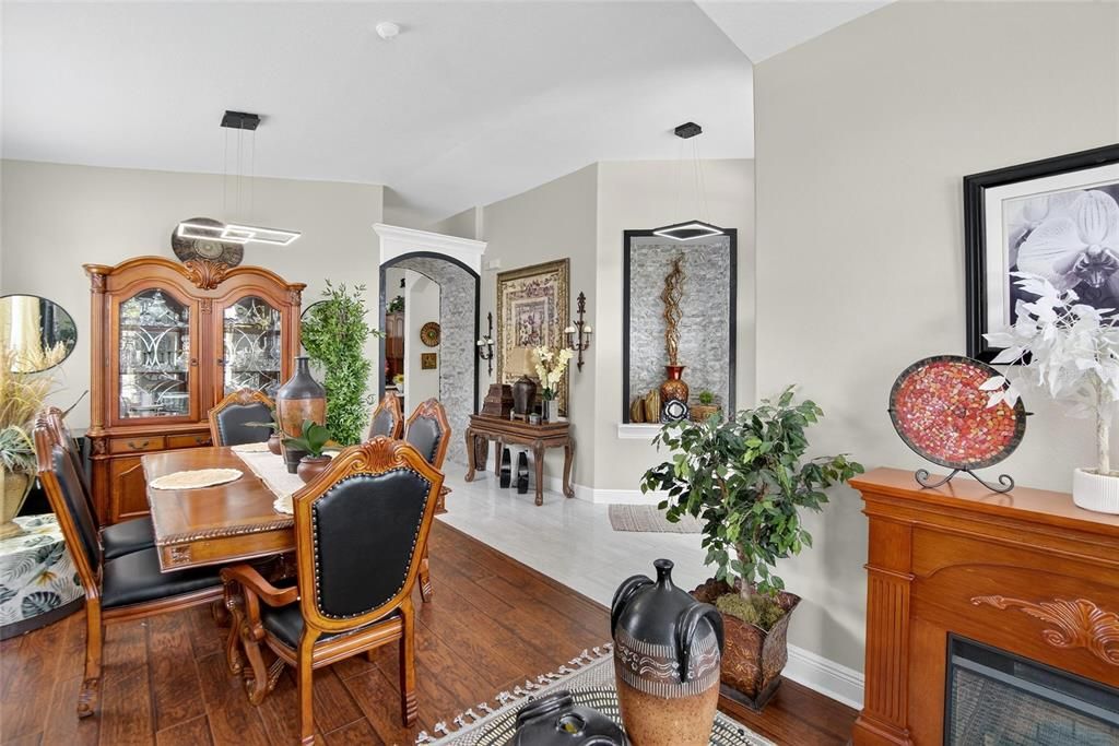 Dining room, Interior, Pendant Lights, Wood Texture Flooring
