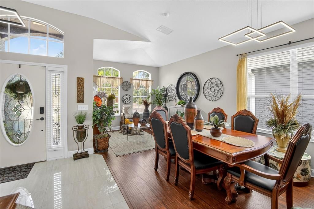 Dining room, Interior, Pendant Lights, Wood Texture Flooring