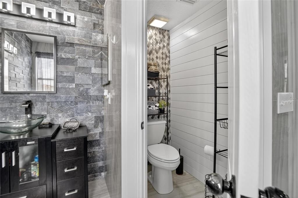 Bathroom, Glass Shower, Interior, Wood Texture Flooring
