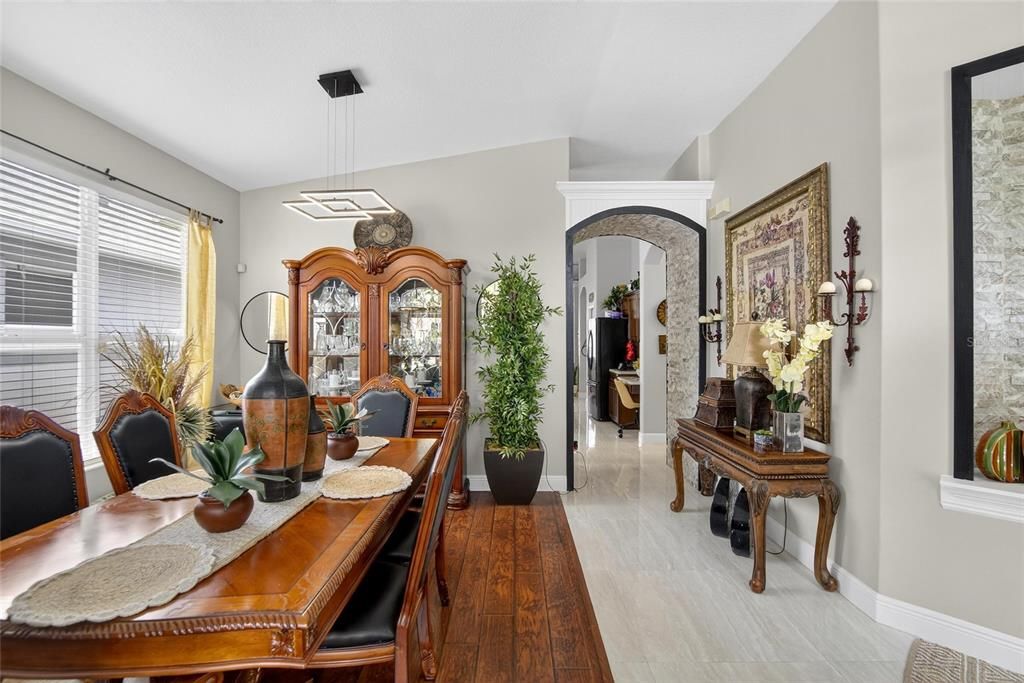 Dining room, Interior, Pendant Lights, Wood Texture Flooring