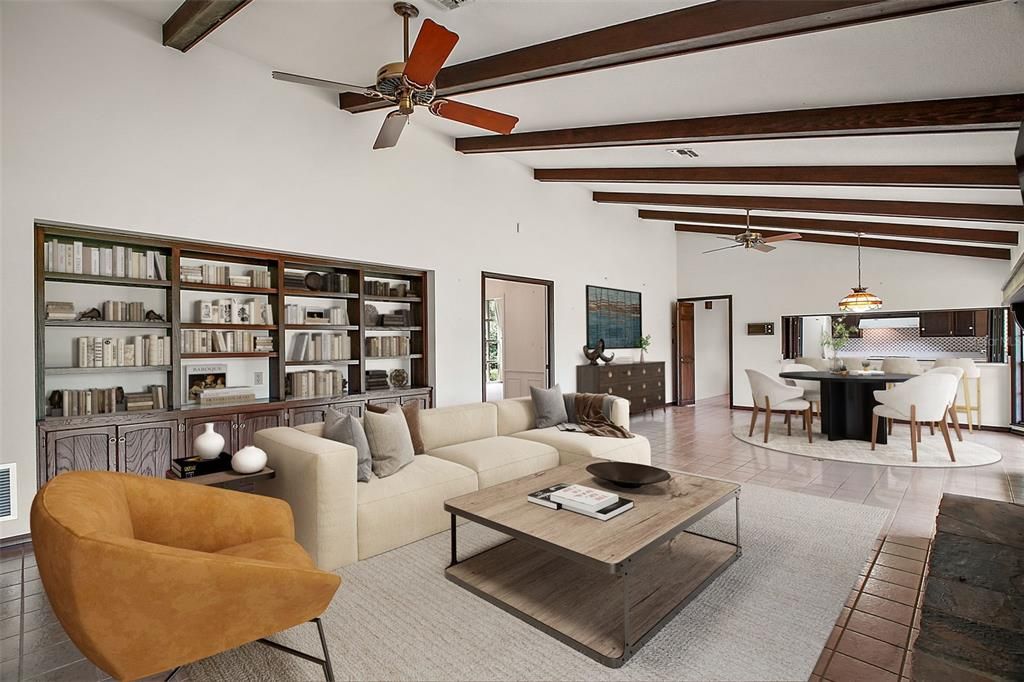 Dining room, Interior, Living room, Pendant Lights, Wooden Beams