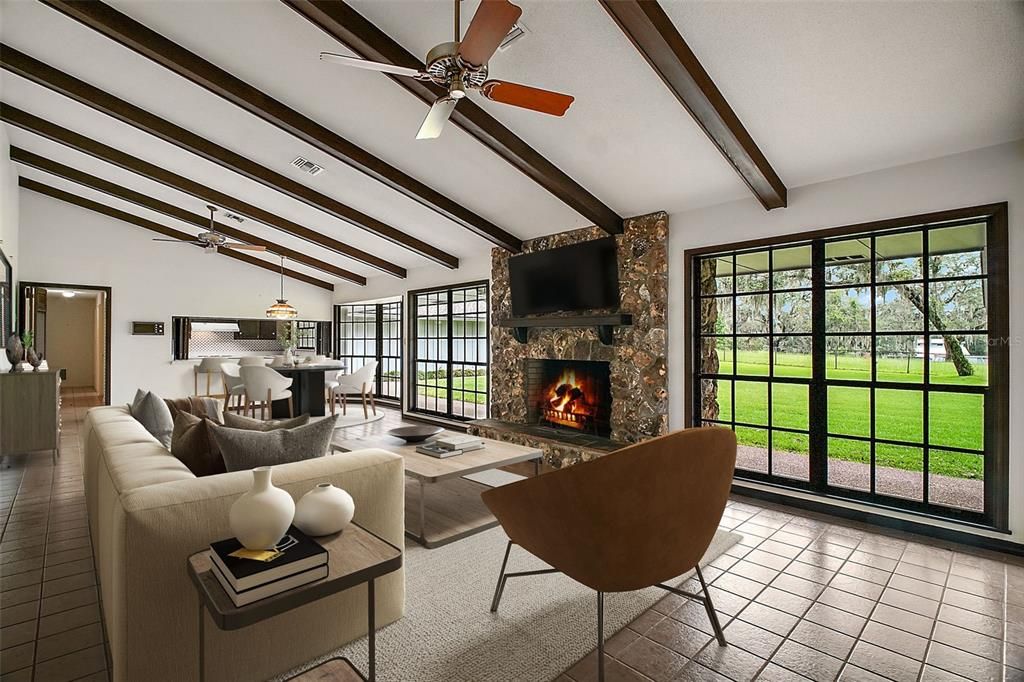 Dining room, Fireplace, Interior, Living room, Pendant Lights, Stone Walls, Wooden Beams