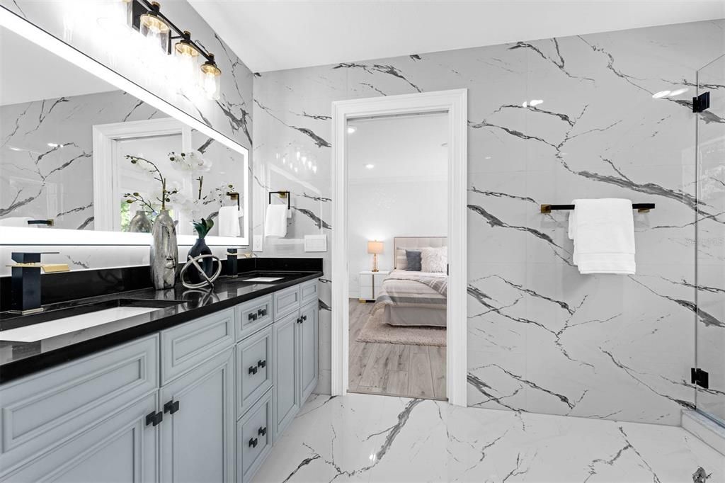 Bathroom, Bedroom, Dual Sink Vanities, Glass Shower, Interior, Marble, Marble Walls, Wood Texture Flooring