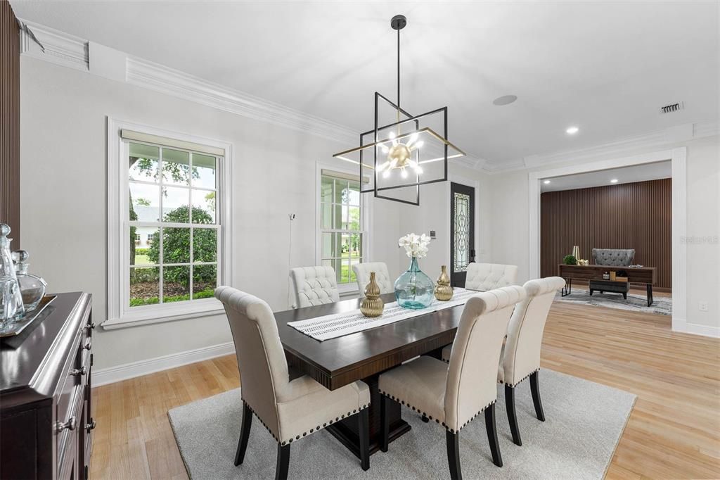 Dining room, Interior, Pendant Lights, Recessed Lighting, Wood Texture Flooring