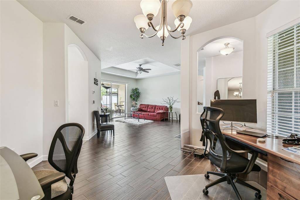 Chandelier, Home Office, Interior, Wood Texture Flooring