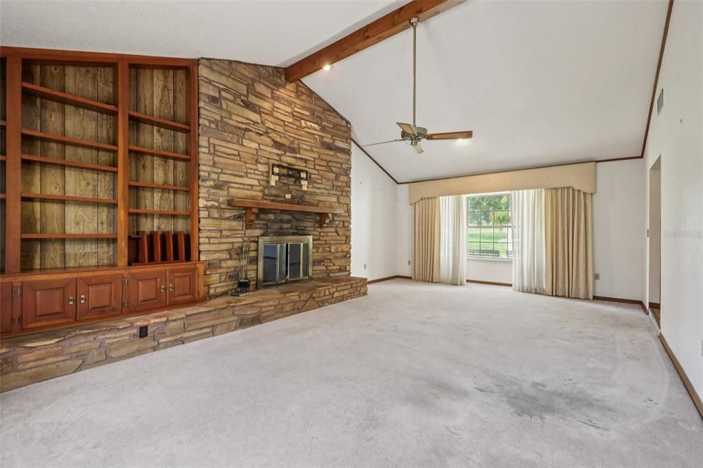Empty room, Fireplace, Interior, Stone Walls, Wooden Beams