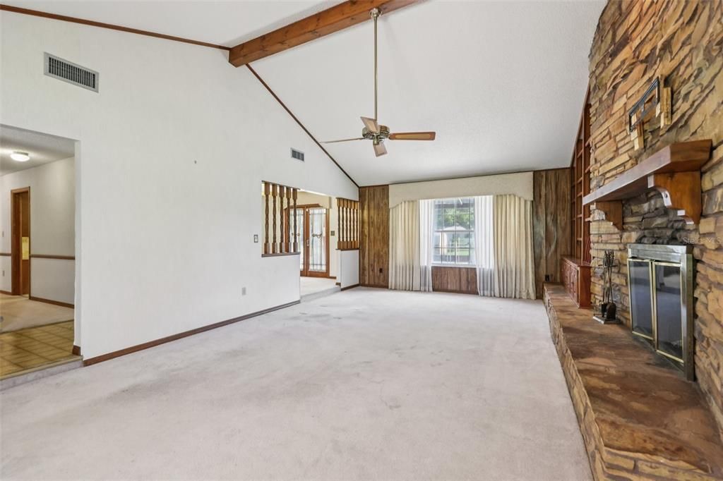 Empty room, Fireplace, Interior, Stone Walls, Wooden Beams