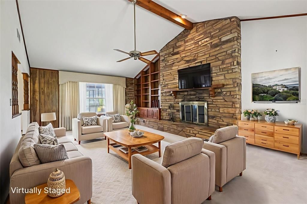 Fireplace, Interior, Living room, Stone Walls, Wooden Beams