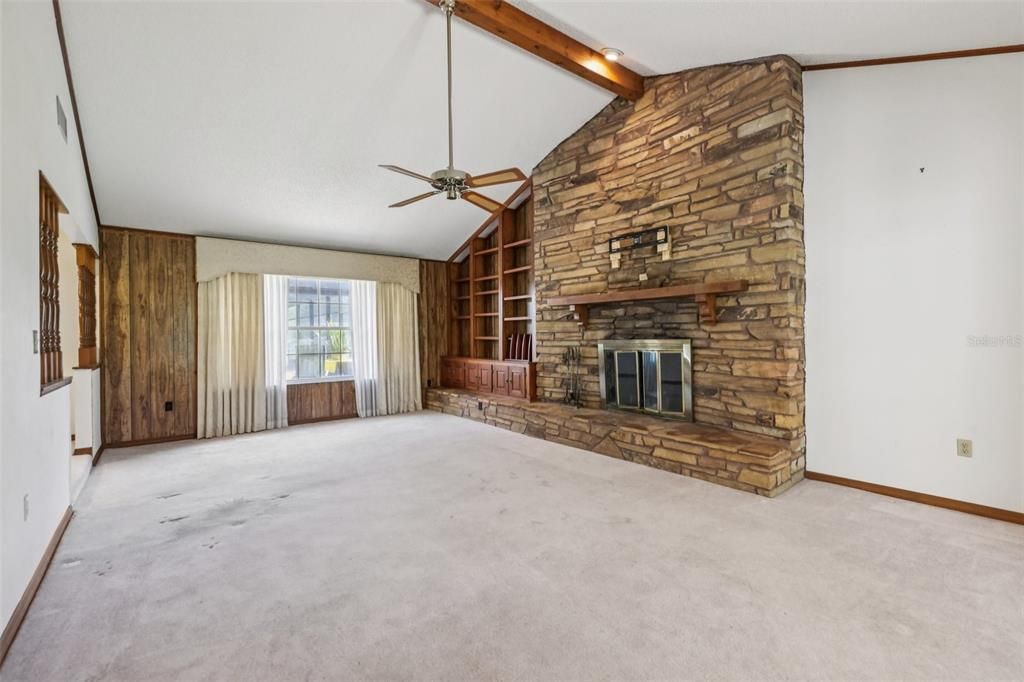 Empty room, Fireplace, Interior, Stone Walls, Wooden Beams