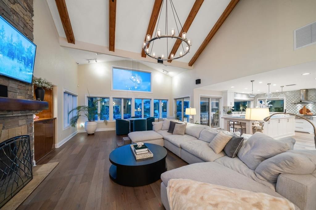 Dining room, Fireplace, Interior, Kitchen, Living room, Pendant Lights, Recessed Lighting, Wooden Beams, Wood Texture Flooring