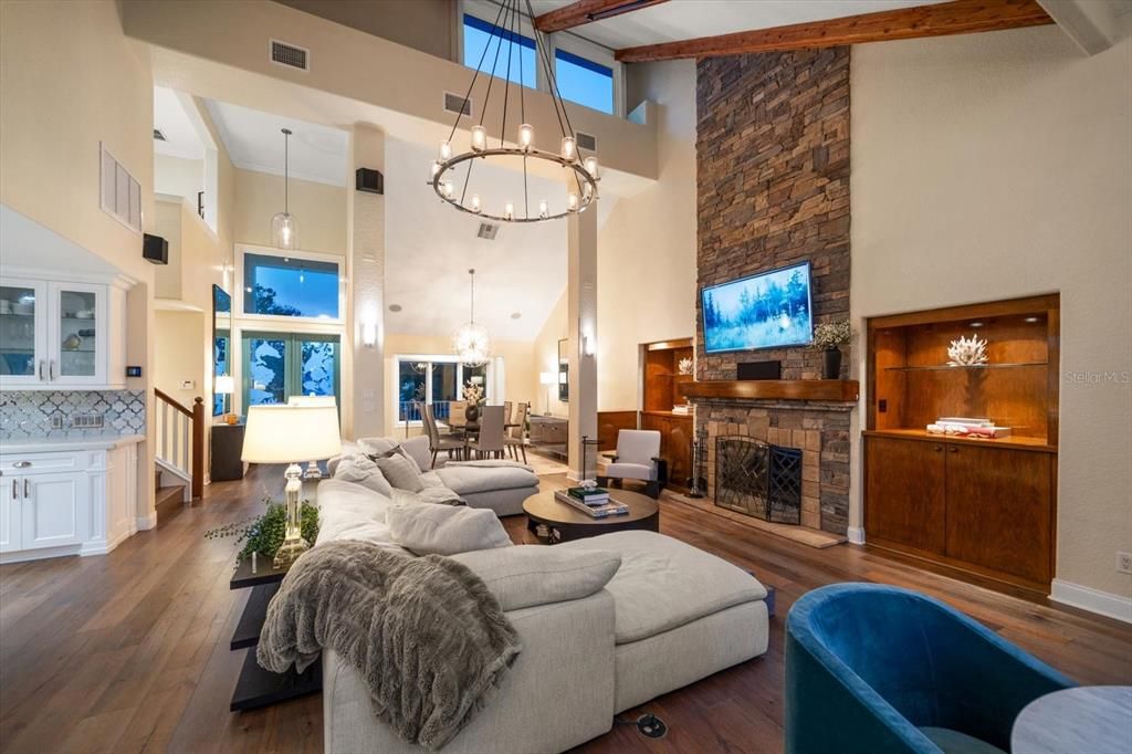 Dining room, Fireplace, Interior, Living room, Pendant Lights, Wood Texture Flooring