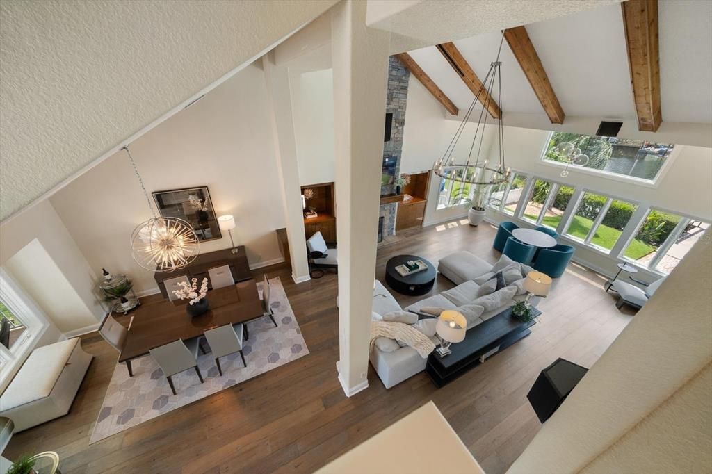 Dining room, Interior, Living room, Pendant Lights, Wooden Beams, Wood Texture Flooring