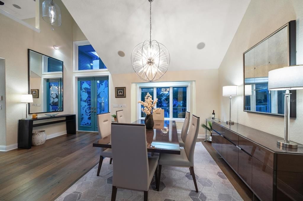 Dining room, Interior, Pendant Lights, Wood Texture Flooring