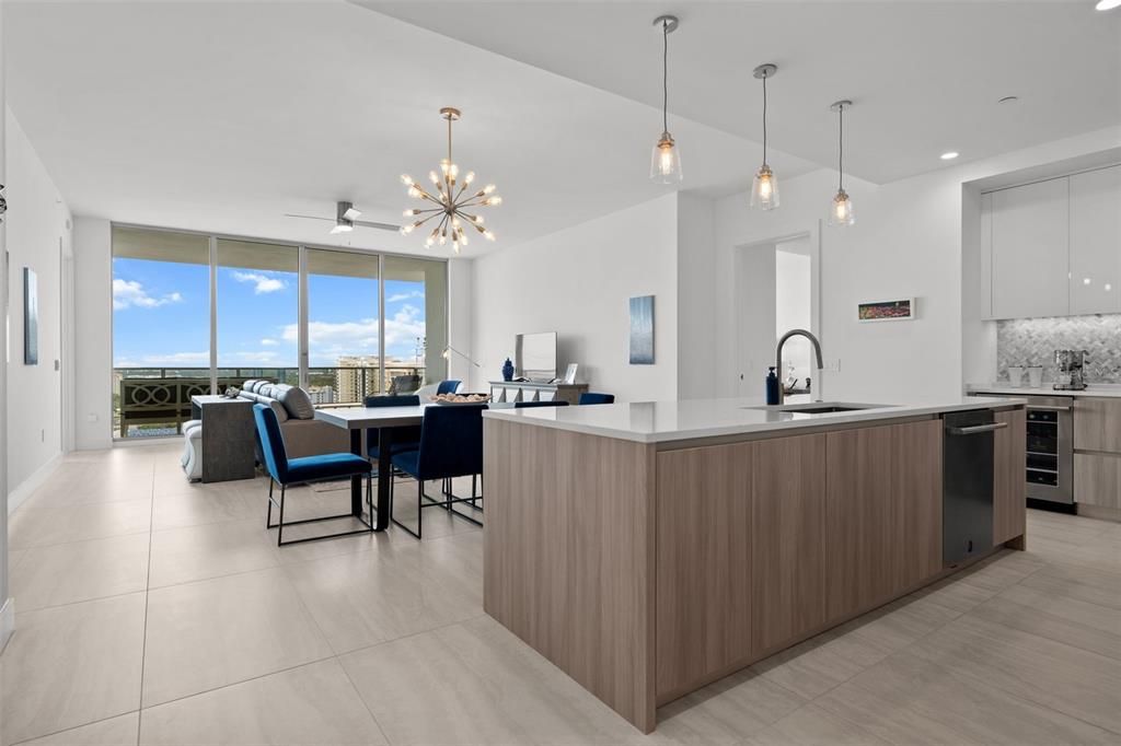 Dining room, Interior, Kitchen, Pendant Lights, Recessed Lighting, Stainless Steel Appliances, Water