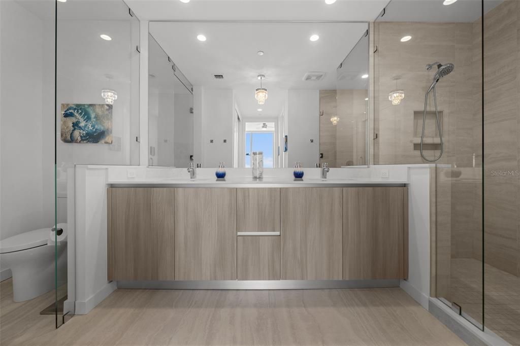 Bathroom, Glass Shower, Interior, Pendant Lights, Recessed Lighting, Wood Texture Flooring