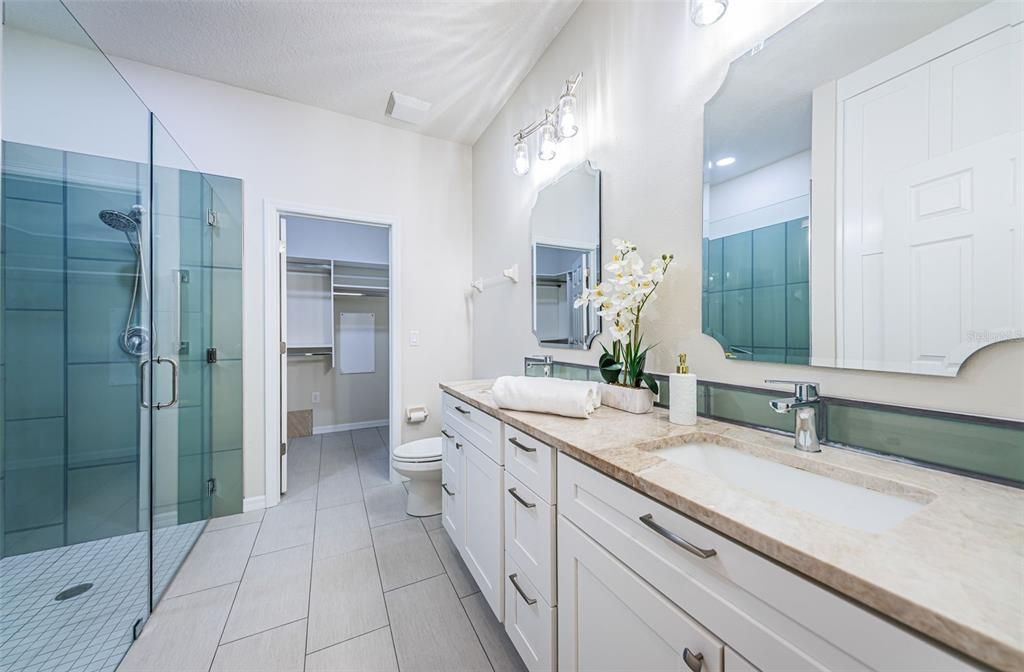 Bathroom, Dual Sink Vanities, Glass Shower, Interior, Recessed Lighting