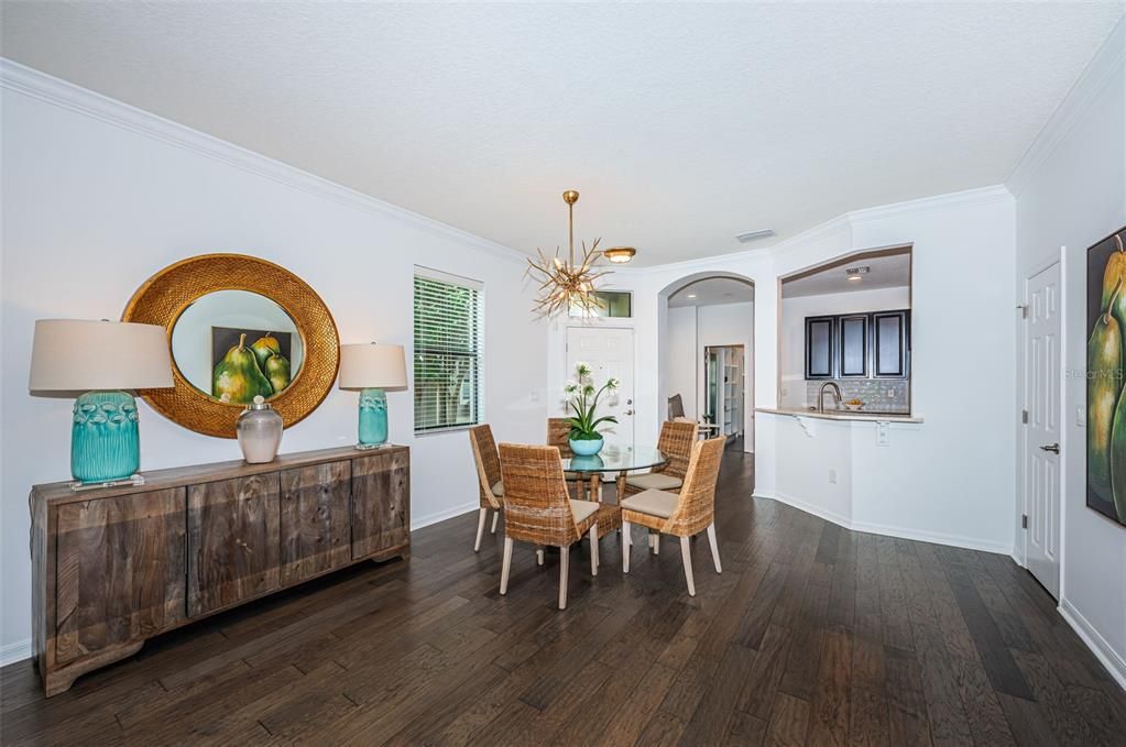 Dining room, Interior, Pendant Lights, Wood Texture Flooring