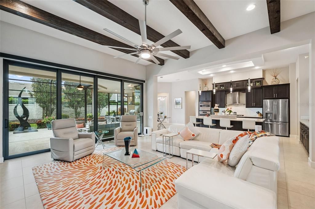 Interior, Kitchen, Living room, Recessed Lighting, Stainless Steel Appliances, Wooden Beams