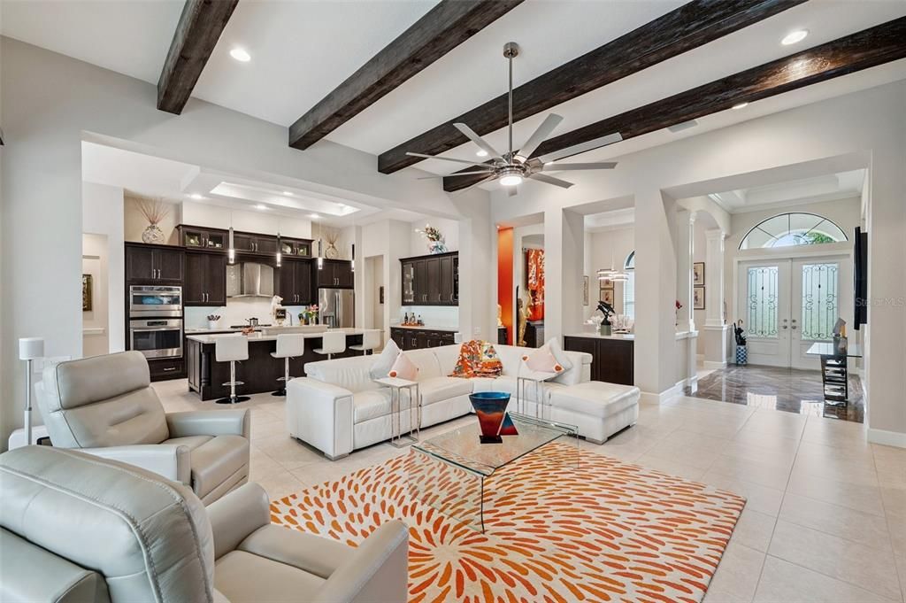 Interior, Kitchen, Living room, Pendant Lights, Recessed Lighting, Stainless Steel Appliances, Wooden Beams
