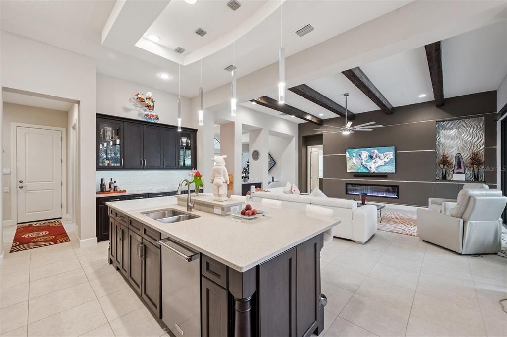 Fireplace, Interior, Kitchen, Living room, Pendant Lights, Recessed Lighting, Wooden Beams