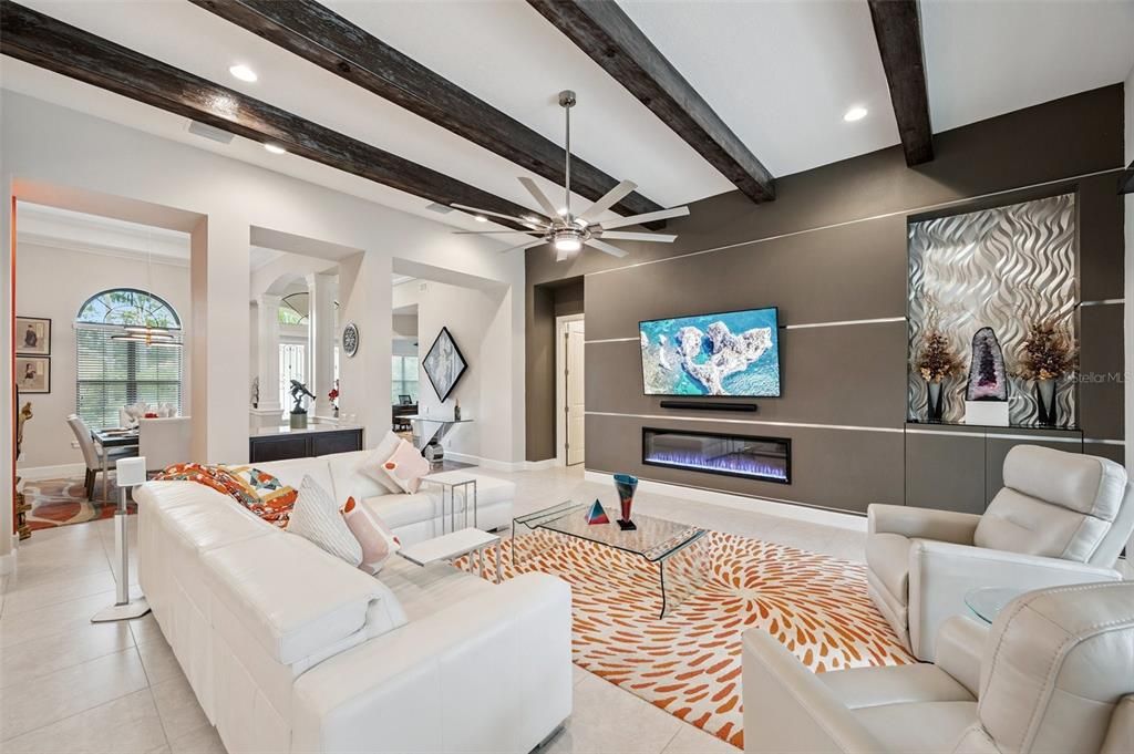 Fireplace, Interior, Living room, Recessed Lighting, Wooden Beams