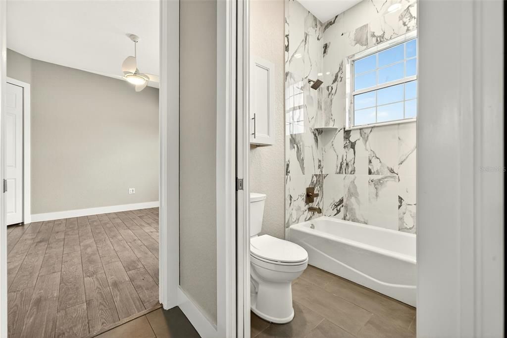 Bathroom, Interior, Marble Walls, Wood Texture Flooring