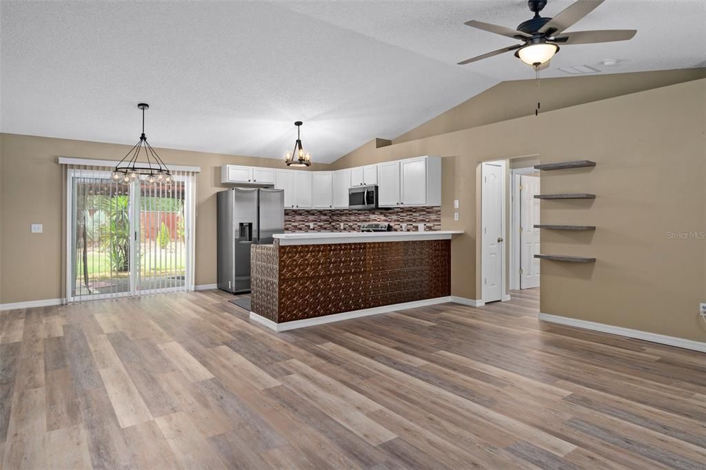 Interior, Kitchen, Pendant Lights, Stainless Steel Appliances, Wood Texture Flooring
