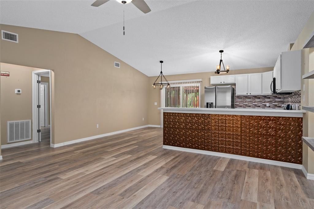 Interior, Kitchen, Pendant Lights, Stainless Steel Appliances, Wood Texture Flooring