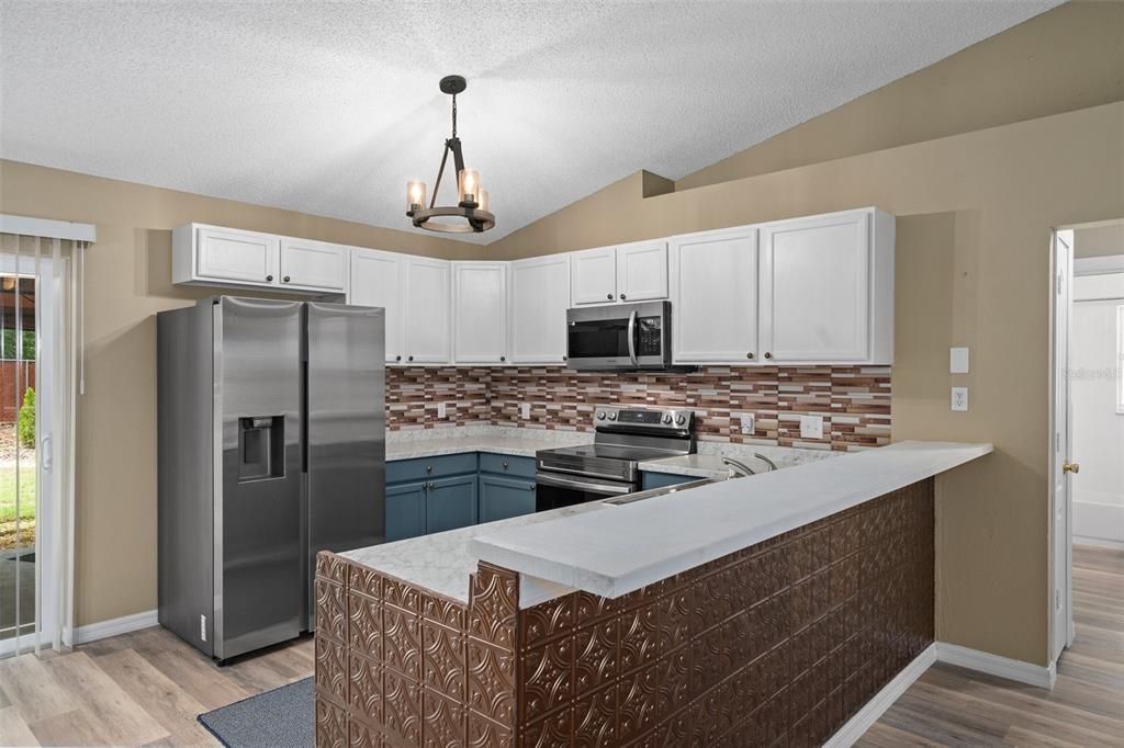 Interior, Kitchen, Pendant Lights, Stainless Steel Appliances, Wood Texture Flooring