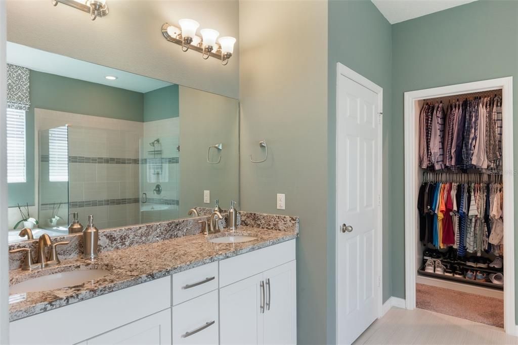 Bathroom, Dual Sink Vanities, Glass Shower, Interior, Recessed Lighting, Walk-in Closets