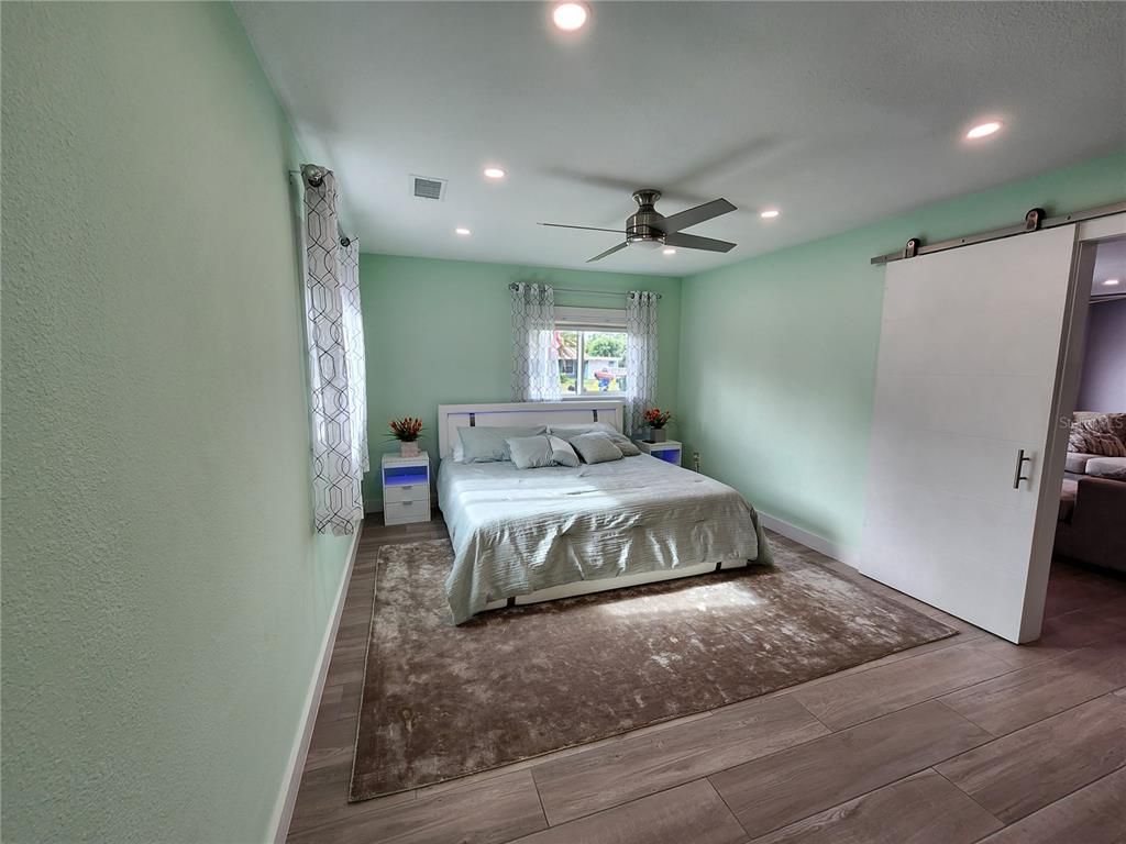 Bedroom, Interior, Recessed Lighting, Wood Texture Flooring