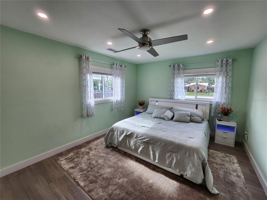 Bedroom, Interior, Recessed Lighting, Wood Texture Flooring
