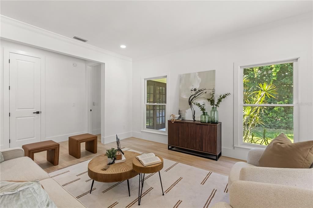 Interior, Living room, Recessed Lighting, Wood Texture Flooring