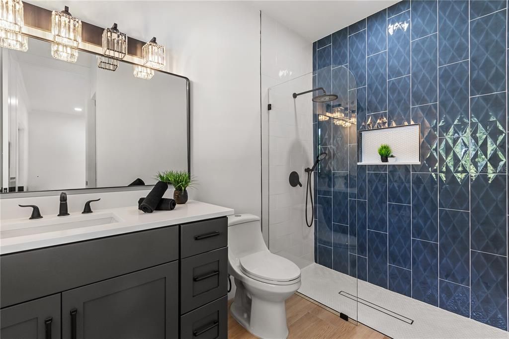Bathroom, Glass Shower, Interior, Wood Texture Flooring