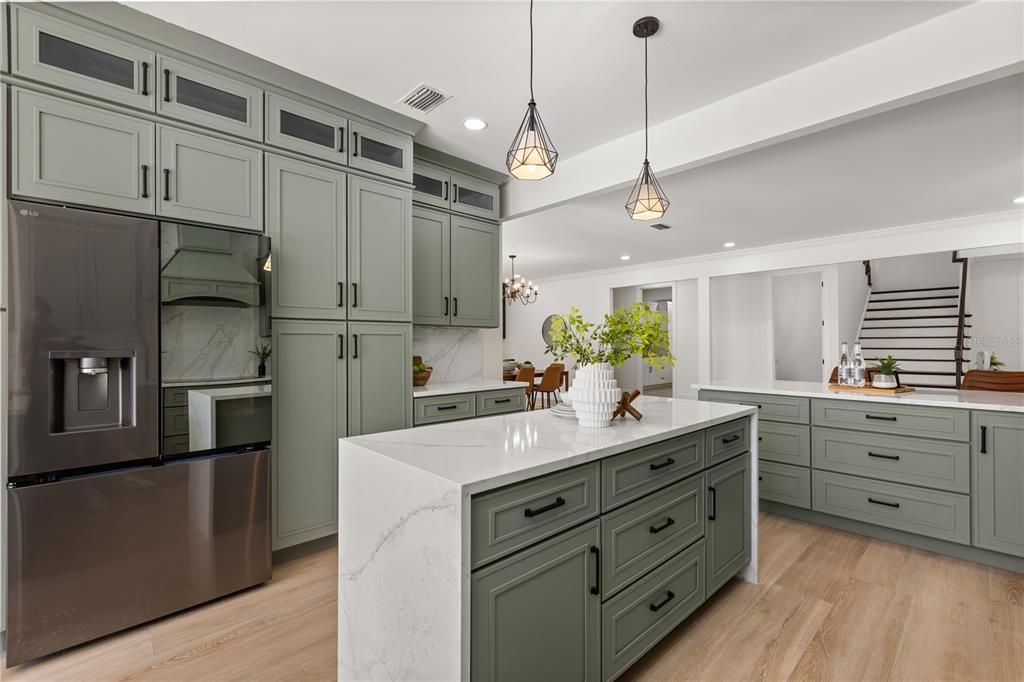 Interior, Kitchen, Marble Walls, Pendant Lights, Recessed Lighting, Wood Texture Flooring