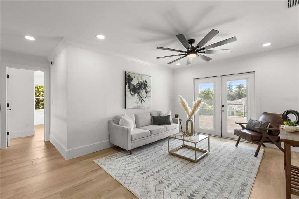 Interior, Living room, Recessed Lighting, Wood Texture Flooring