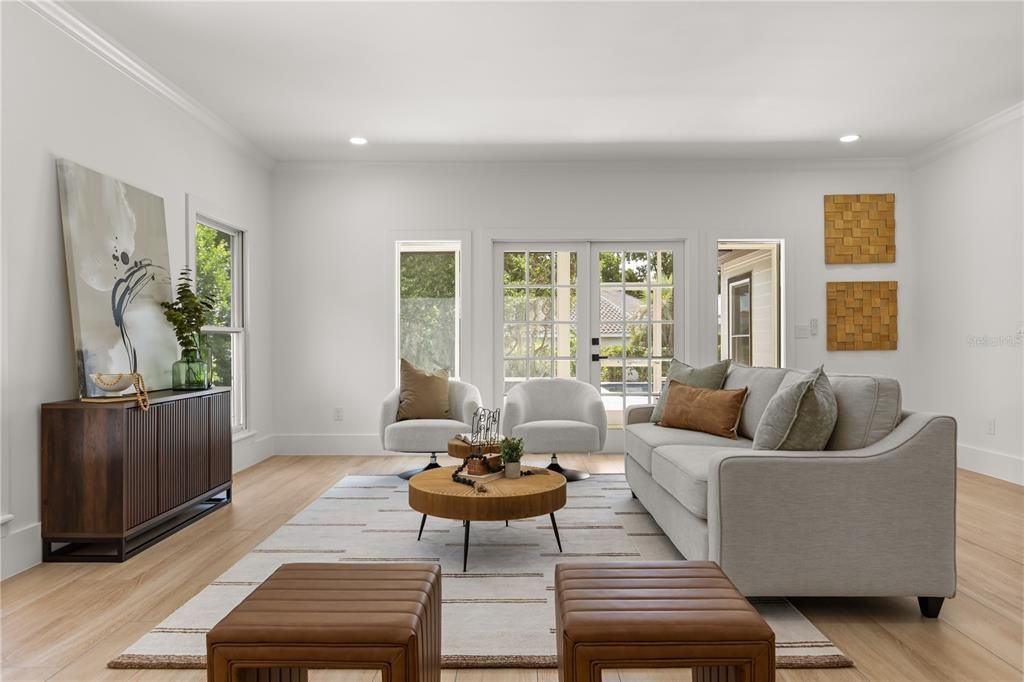 Interior, Living room, Recessed Lighting, Wood Texture Flooring