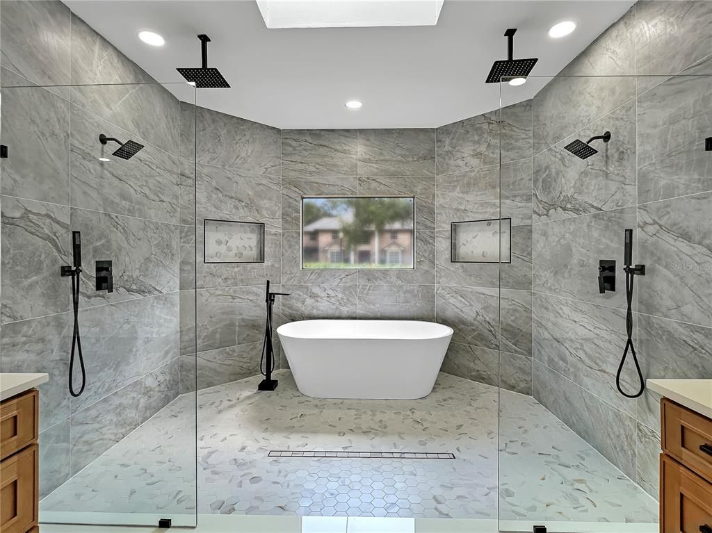 Bathroom, Free Standing Baths, Glass Shower, Interior, Marble Walls, Recessed Lighting