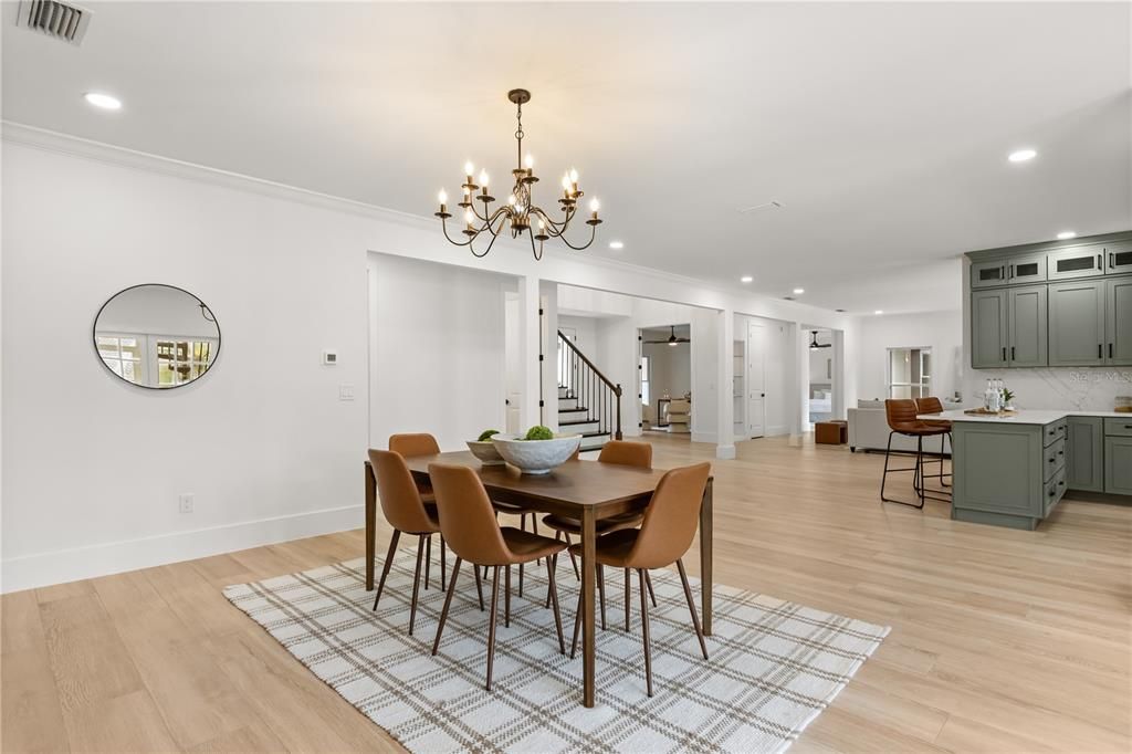 Chandelier, Dining room, Interior, Kitchen, Recessed Lighting, Wood Texture Flooring
