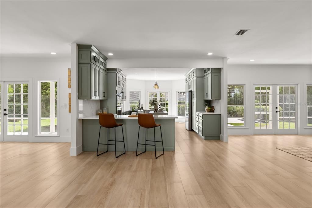 Interior, Kitchen, Pendant Lights, Recessed Lighting, Wood Texture Flooring