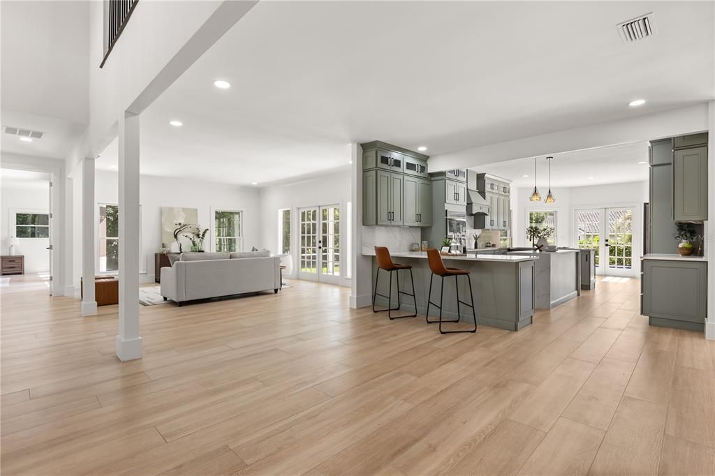Interior, Kitchen, Living room, Pendant Lights, Recessed Lighting, Wood Texture Flooring
