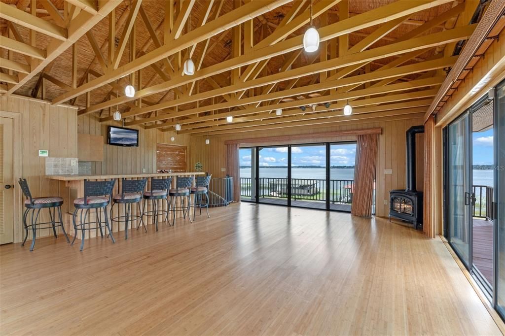 Empty room, Fireplace, Interior, Pendant Lights, Water, Wooden Beams, Wooden Ceilings, Wood Texture Flooring, Wooden Walls