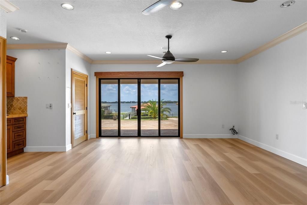 Empty room, Interior, Recessed Lighting, Water, Wood Texture Flooring