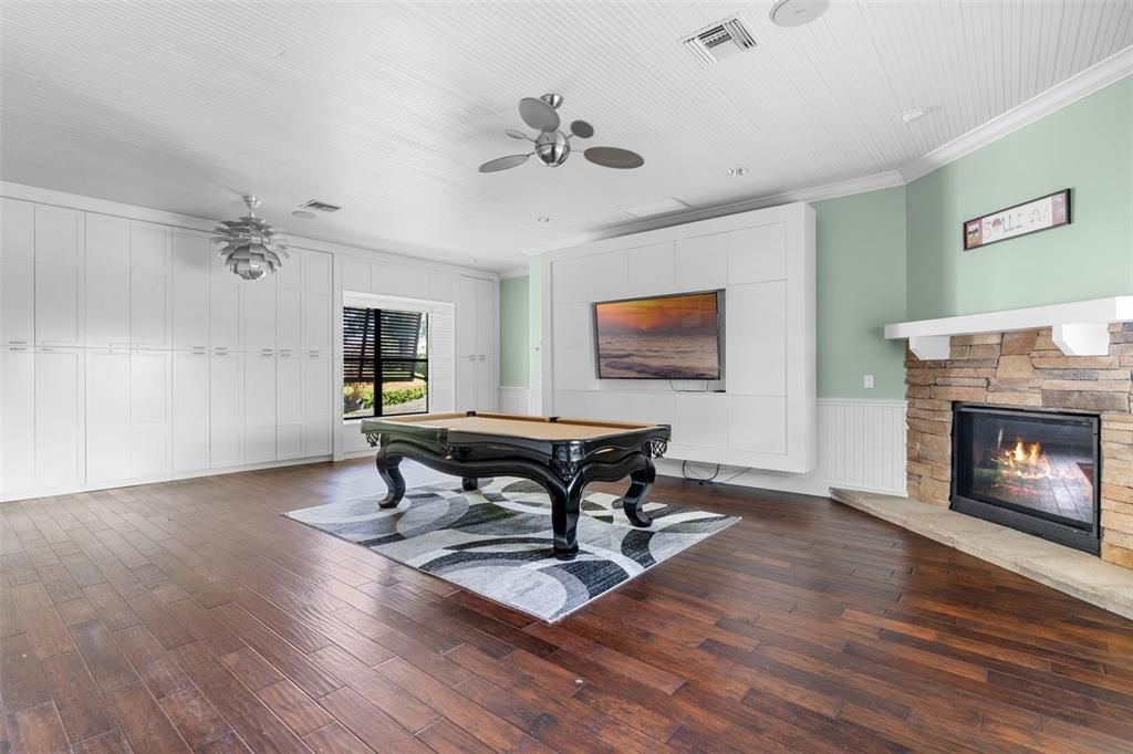 Billiard Table, Fireplace, Game Room, Interior, Wood Texture Flooring