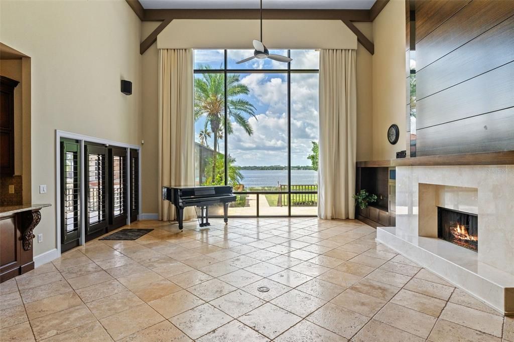 Fireplace, Interior, Pendant Lights, Piano, Water