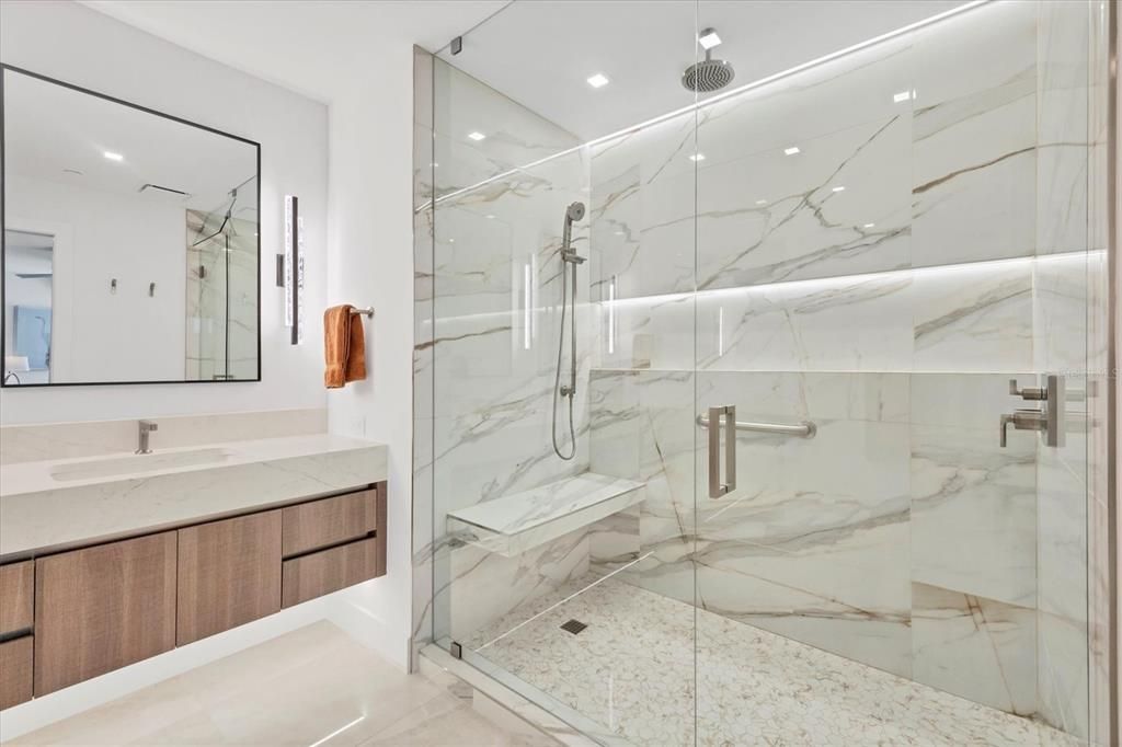 Bathroom, Glass Shower, Interior, Marble Walls, Recessed Lighting