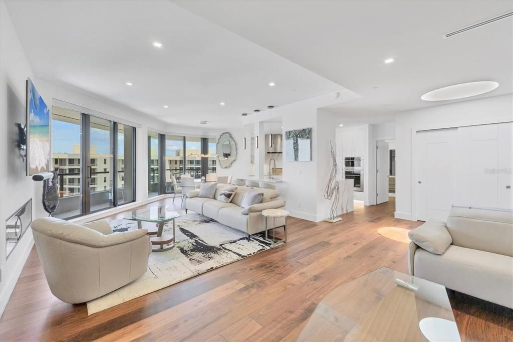 Dining room, Interior, Kitchen, Living room, Pendant Lights, Recessed Lighting, Stainless Steel Appliances, Wood Texture Flooring