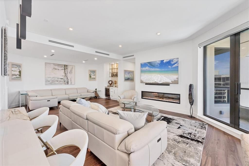 Fireplace, Interior, Living room, Recessed Lighting, Wood Texture Flooring